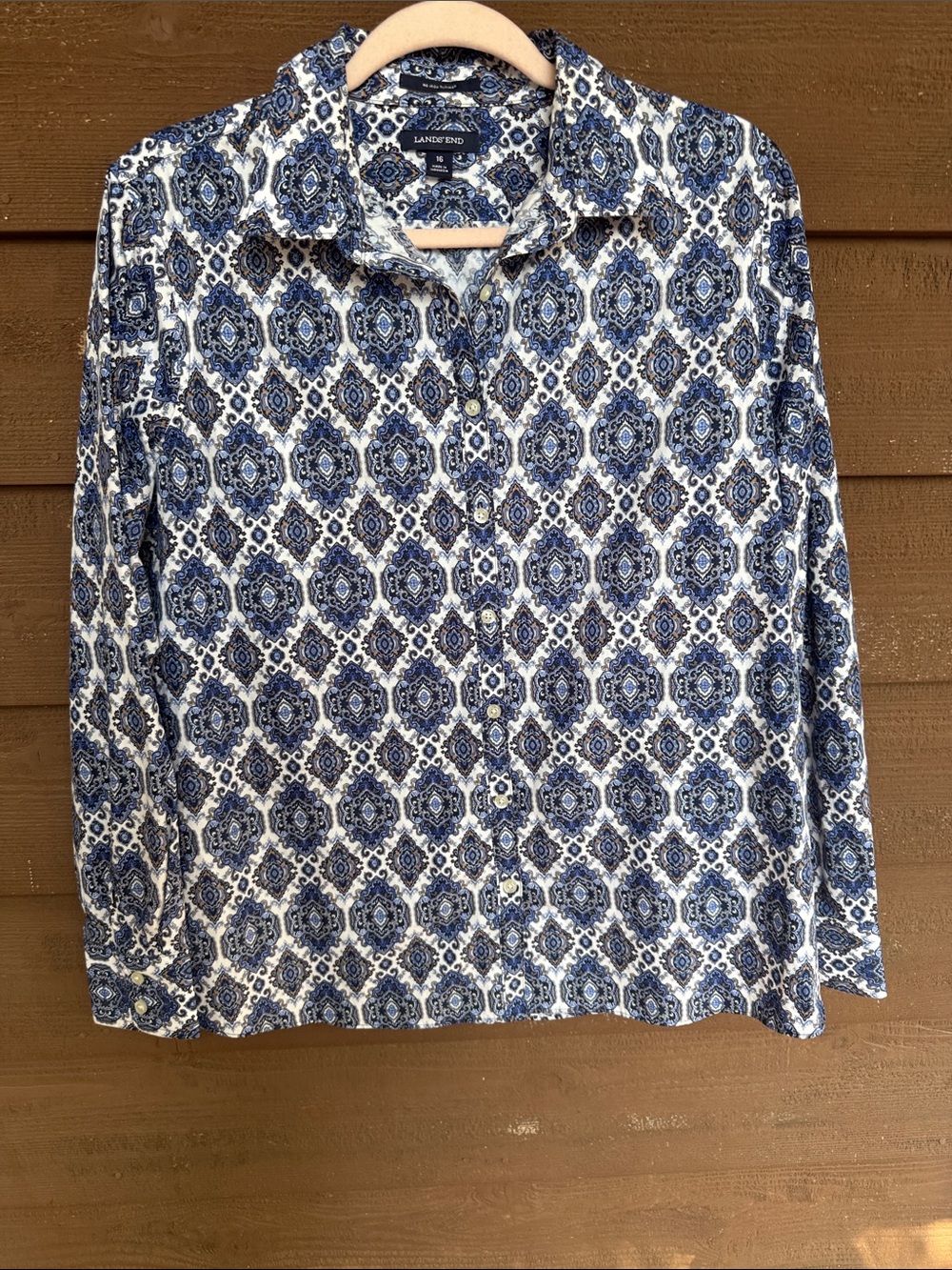 Lands' End Men's Long-Sleeve Blue and White Geometric Button-Down Shirt size 16
